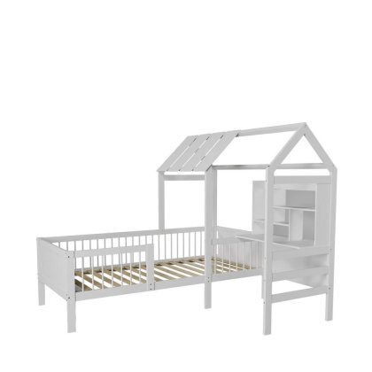 BED HOUSE GLADINA INCL BUILT-IN DESK WHITE PINEWOOD TEAKWORLD MAURITIUS