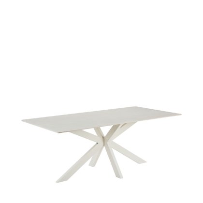 23667 - DINING TABLE LUTRA OFFWHITE TRAVERTINE CERAMIC WHITE METAL LEG Teak World Mauritius